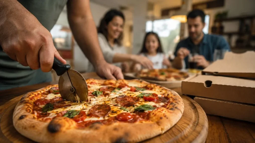 Dia Da Pizza: Você Sabe Onde Comer Uma Boa Pizza Em Caieiras E Região? 1 Pizza Recém-Saída Do Forno É Cortada Sobre Uma Mesa Com Caixas De Delivery Ao Lado.
