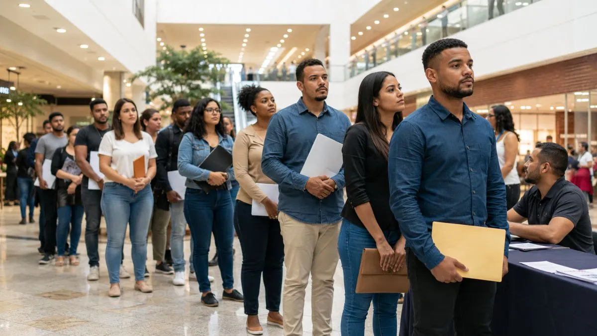 Candidatos aguardam atendimento para vagas de emprego no Shopping Franco da Rocha.