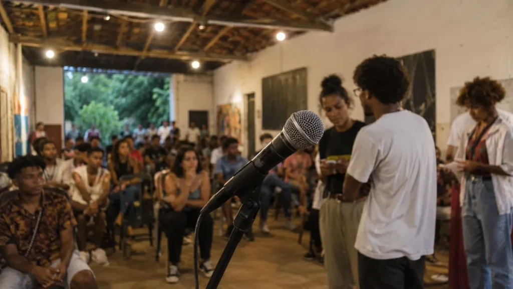 Franco Da Rocha Terá Programação Gratuita Do Julho Das Pretas; Veja Datas 1 Microfone Em Sarau Comunitário Com Público Reunido Em Espaço Cultural De Franco Da Rocha.