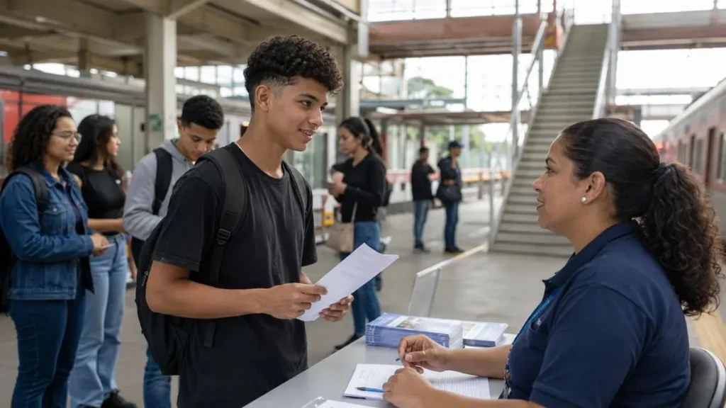 Linha 7-Rubi Terá Ação Gratuita Para Jovens Em Lapa E Franco Da Rocha 1 Jovem Conversa Com Atendente Durante Ação De Empregabilidade Em Estação De Trem.