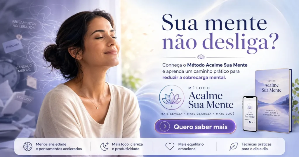Mulher De Olhos Fechados Em Ambiente Calmo, Ao Lado Da Identidade Visual Do Método Acalme Sua Mente E Da Chamada “Sua Mente Não Desliga?
