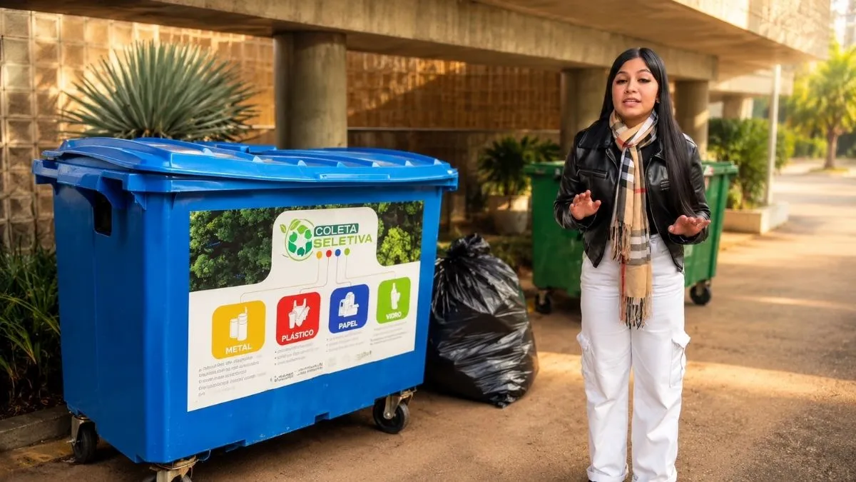 Coleta seletiva em Caieiras tem dias definidos por bairro. Orientação sobre coleta seletiva ao lado de contêiner de recicláveis em Caieiras
