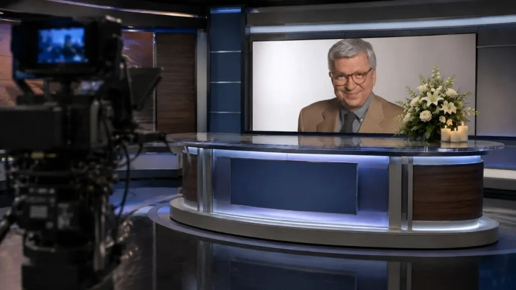 Morreu Renato Machado, Voz Marcante Do Telejornalismo Brasileiro, Aos 83 Anos 1 Bancada De Telejornal Vazia Com Câmera Em Primeiro Plano Em Clima De Homenagem.
