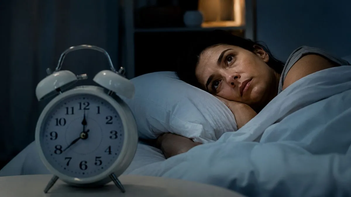 Mulher acordada na cama durante a madrugada, com expressão de preocupação, enquanto um relógio em primeiro plano reforça a dificuldade para dormir.