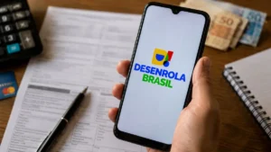Celular Com O Logotipo Do Desenrola Brasil Sobre Documentos Financeiros, Cartão E Calculadora.