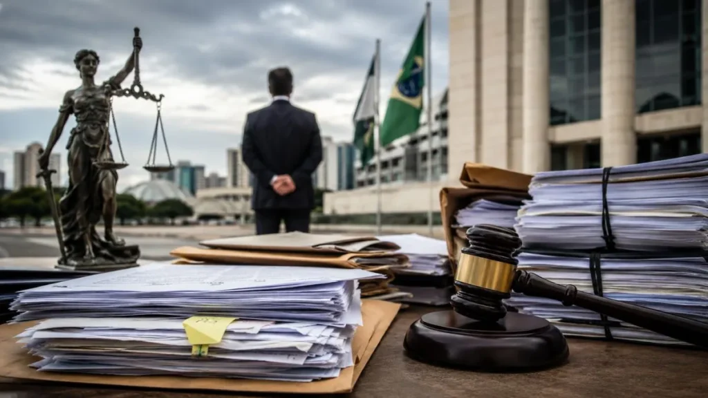 Prefeito De Caieiras Ganha Fama De Caloteiro Na Justiça 2 Martelo De Juiz, Pilhas De Processos E Estátua Da Justiça Em Imagem Ilustrativa Sobre Ações Judiciais Envolvendo Contratos Públicos.