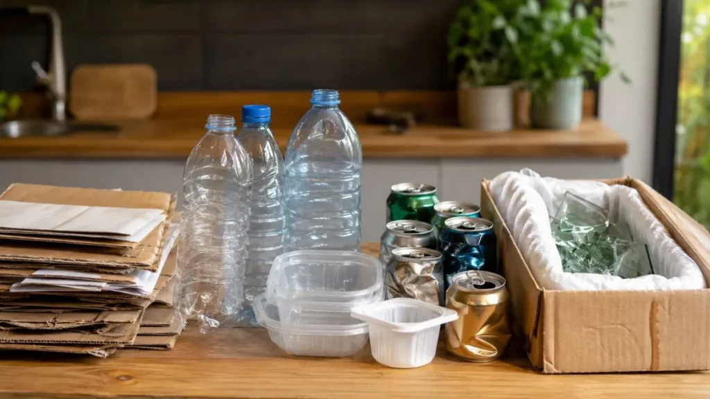 Separar Lixo Em Casa Ainda Faz Diferença? O Erro Que Atrapalha A Reciclagem 1 Embalagens Recicláveis Secas, Papelão, Garrafas Plásticas, Latas E Vidro Protegido Sobre Mesa.