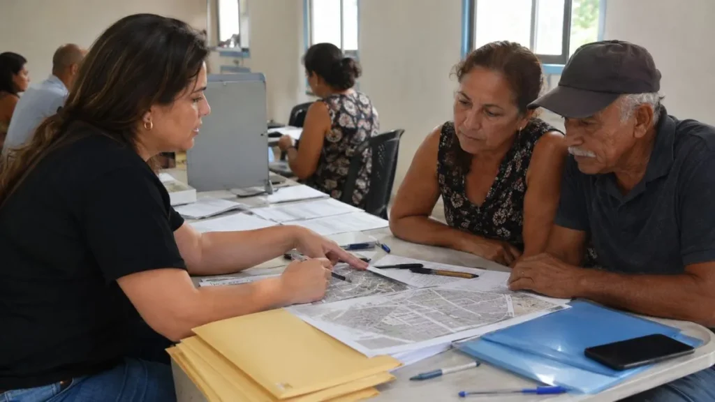 Moradores Do Recanto Do Paraíso Avançam Em Regularização De Imóveis Em Perus 1 Mesa Com Documentos, Mapas E Atendimento A Moradores Sobre Regularização Fundiária.