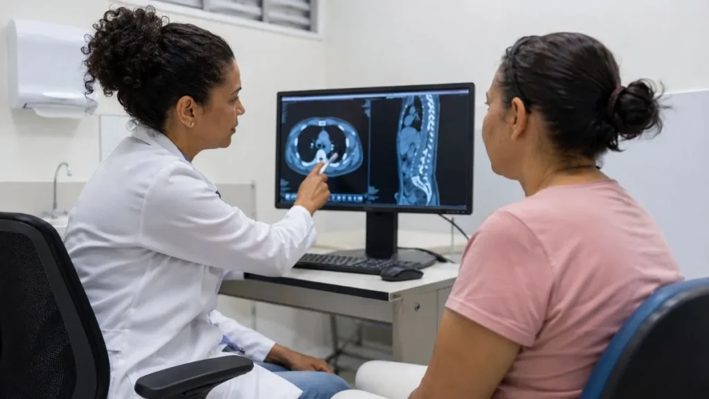 Tabela Sus Paulista Amplia Exames De Câncer E Pode Reduzir Espera Por Atendimento Em Sp 1 Médica Analisa Exame De Imagem Em Computador Durante Consulta Com Paciente Em Unidade De Saúde.