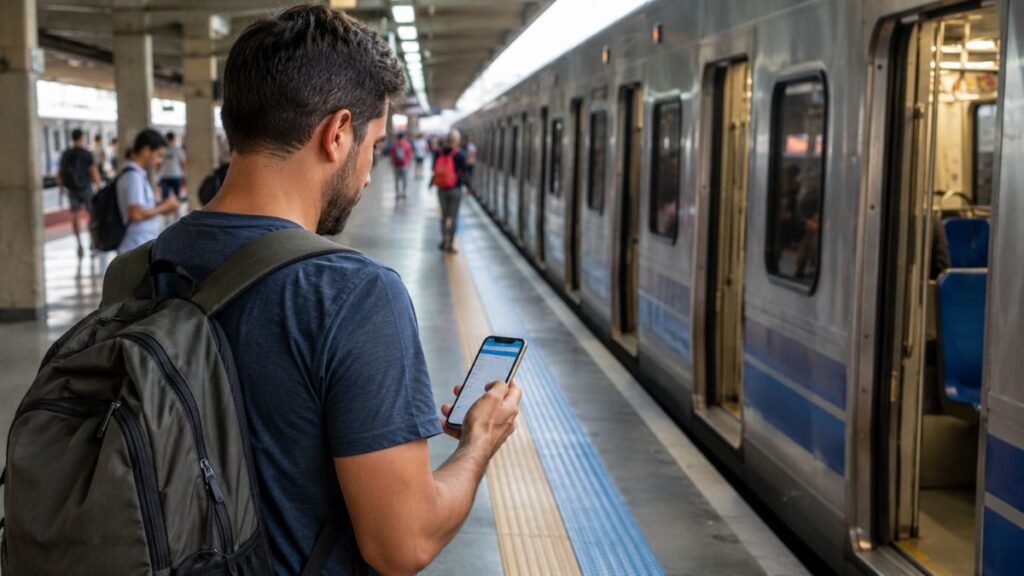 Feriado De 9 De Julho Muda Serviços E Transporte Em Sp; Veja O Que Afeta Moradores Da Região 1 Passageiro Consulta Horários Pelo Celular Em Plataforma De Transporte Durante Feriado Prolongado.