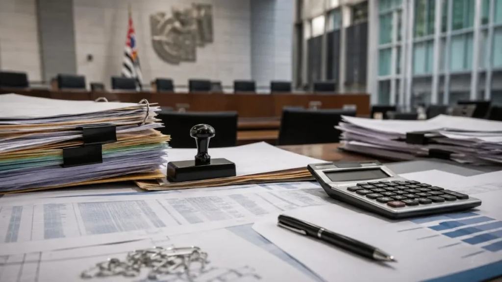 Prefeitura De Caieiras Empilha Contratos Na Mira Do Tribunal De Contas 1 Documentos De Licitação, Planilhas, Carimbo E Calculadora Sobre Mesa, Com Sala Institucional Ao Fundo.
