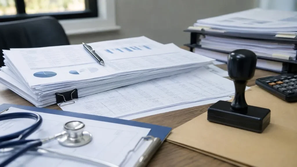 Documentos De Contrato Público, Planilhas E Carimbo Sobre Mesa Em Imagem Sobre Transparência Na Saúde Municipal.