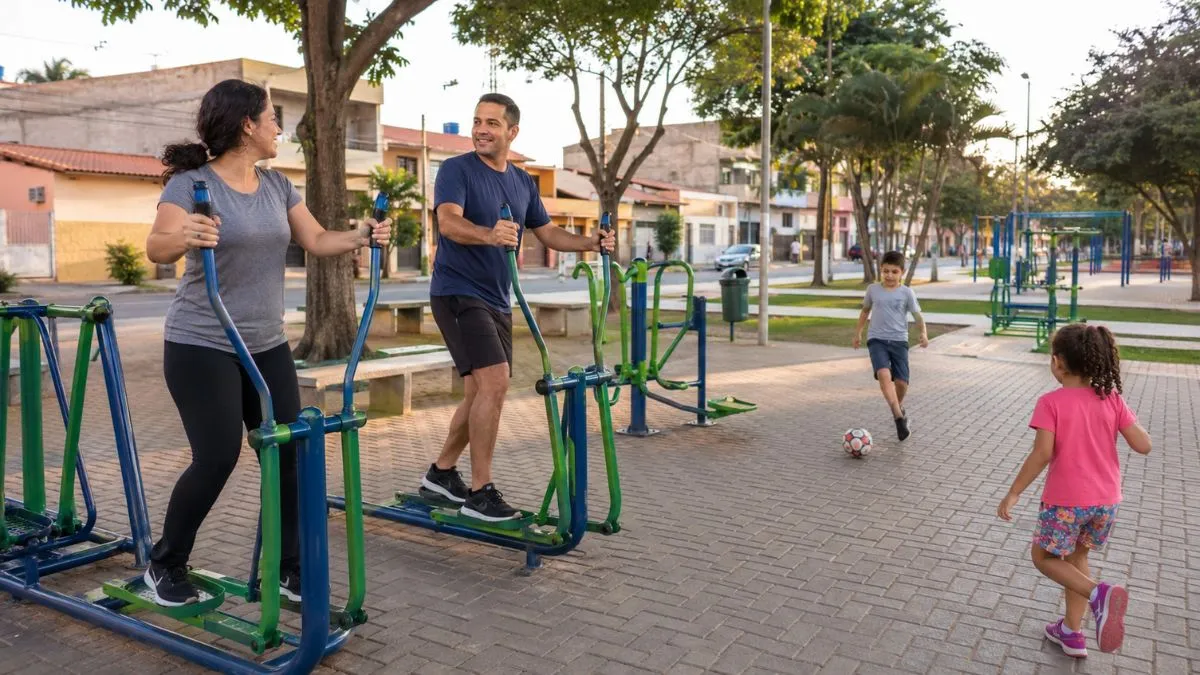 Família aproveita praça pública com crianças brincando e adultos usando aparelhos de exercício ao ar livre.