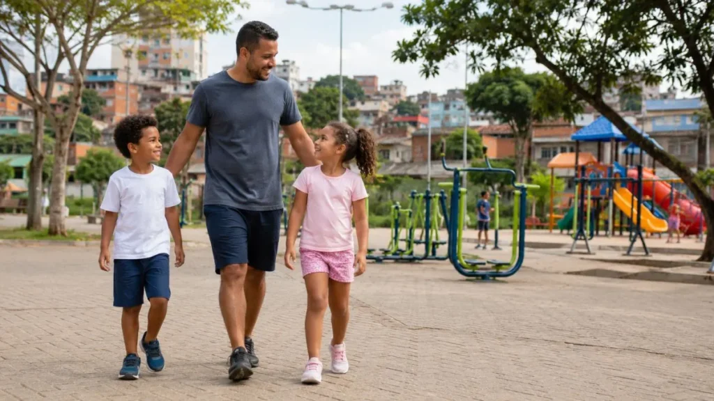 Férias Dos Filhos Podem Virar Pressão Para Os Pais; Veja Como Organizar A Rotina 1 Responsável Acompanha Crianças Em Praça Com Brinquedos E Aparelhos De Ginástica Ao Ar Livre.