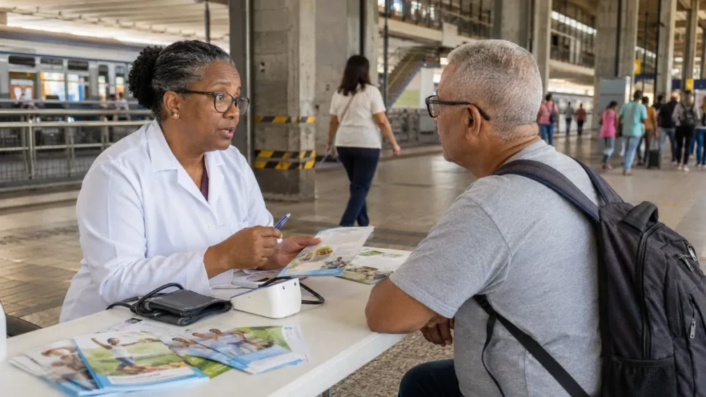 Ação Gratuita Na Linha 7-Rubi Mede Pressão E Orienta Sobre Diabetes Nesta Quinta 1 Profissional Orienta Passageiro Durante Atendimento De Saúde Na Estação Franco Da Rocha.