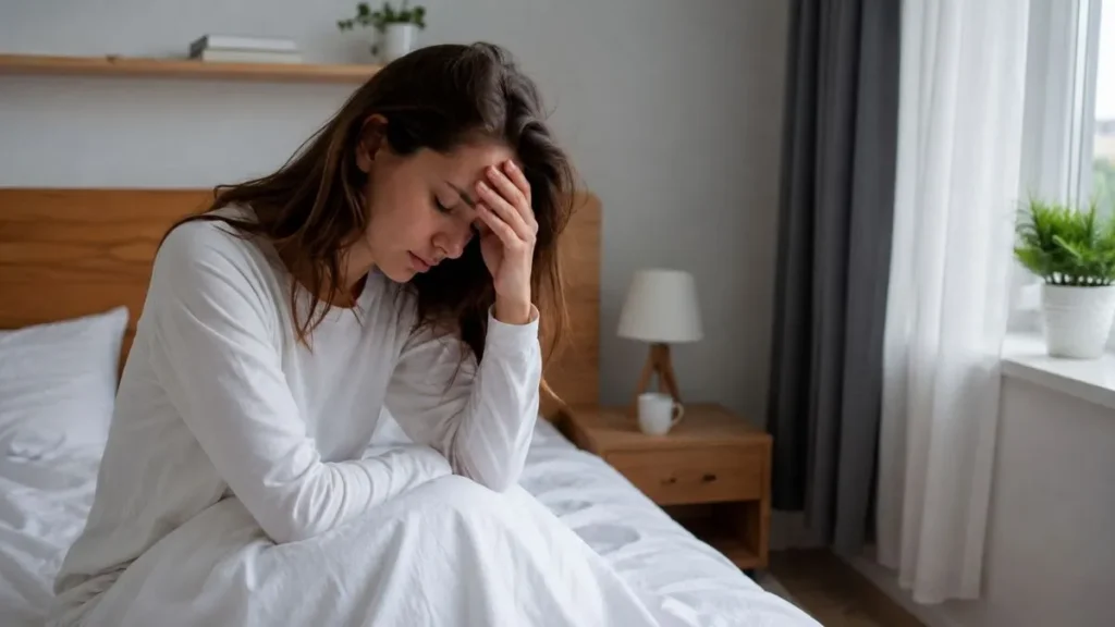 Você Dorme 8 Horas E Ainda Acorda Cansado? O Estresse Pode Estar Atrapalhando Seu Descanso 2 Mulher Sentada Na Cama Pela Manhã, Com A Mão Na Testa E Expressão De Cansaço, Em Um Quarto Claro E Organizado, Ilustrando A Sensação De Acordar Sem Disposição Mesmo Após Dormir.