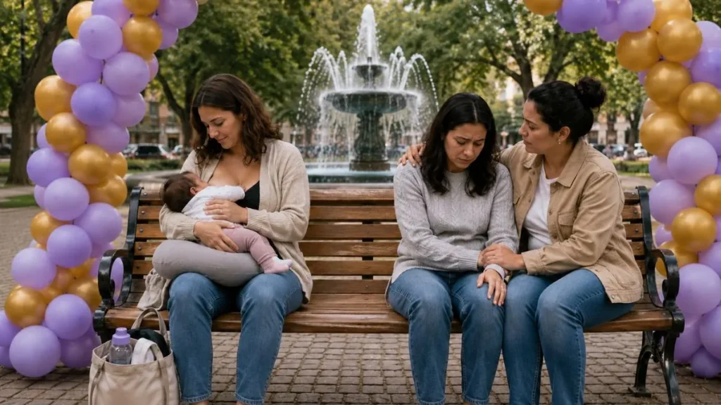 Três Mulheres Sentadas Em Um Banco De Parque, Sendo Uma Com Um Bebê No Colo E Outra Recebendo Apoio, Sob Um Arco De Balões Lilás E Dourados.