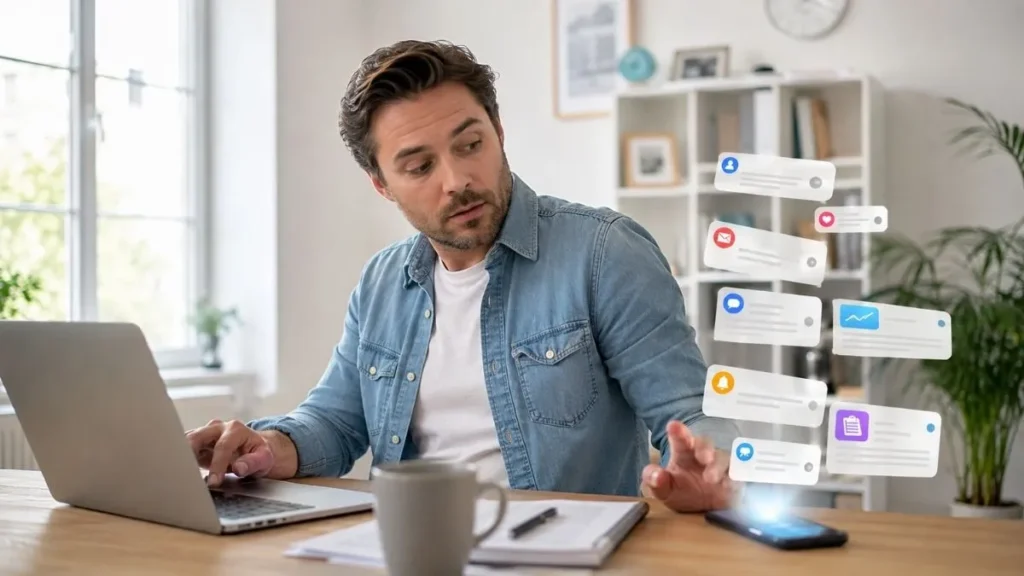 Homem Trabalha Em Notebook Em Home Office E Olha Para O Celular Enquanto Várias Notificações Surgem Ao Redor Do Aparelho, Representando Interrupções Digitais.
