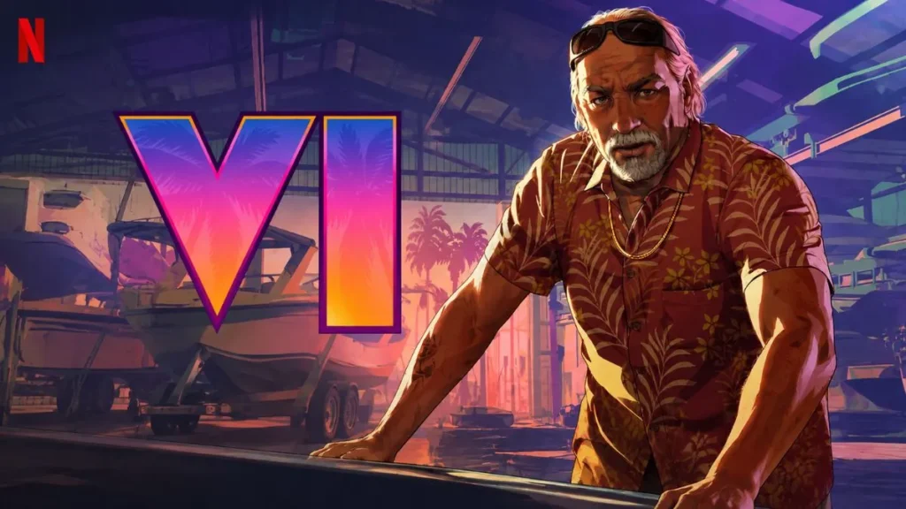 Gta 6 Terá Prévia Antecipada Na Netflix; Veja Data, Horário E Como Assistir 4 Arte Inspirada Em Gta 6 Com Personagem Em Cenário De Marina, Símbolo Vi Em Destaque E Logotipo Da Netflix No Canto Superior.