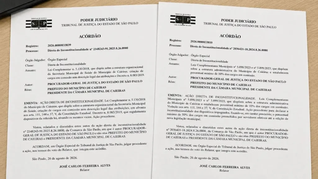 Tjsp Derruba Regras De Cargos Comissionados Em Caieiras E Determina Reserva De 50% Para Servidores Efetivos 1 Reprodução De Dois Documentos Originais Do Tribunal De Justiça De São Paulo Sobre Mesa, Com Cabeçalho Do Poder Judiciário E Texto De Acórdãos Relacionados A Decisões Sobre Cargos Comissionados No Município De Caieiras.