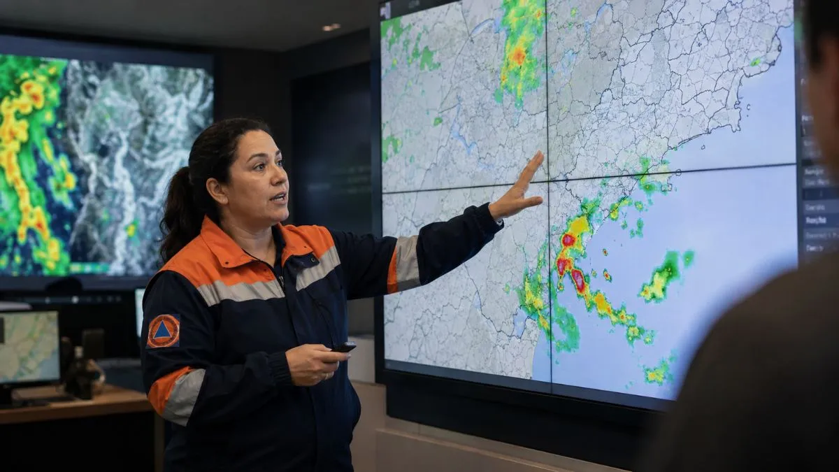 Equipe da Defesa Civil acompanha mapas meteorológicos durante alerta de vento forte em São Paulo.