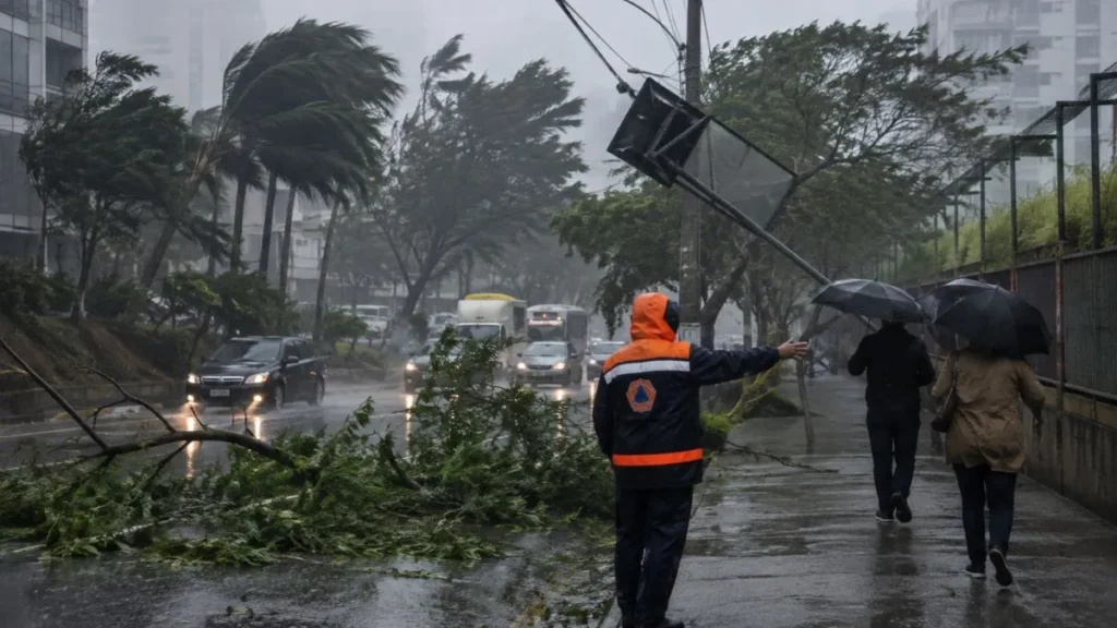 Ventos De Até 100 Km/H Colocam Áreas De Sp Em Alerta Até Sábado; Veja Como Se Proteger 1 Árvore Balança Com Vento Forte Durante Mudança Do Tempo Em Área Urbana.