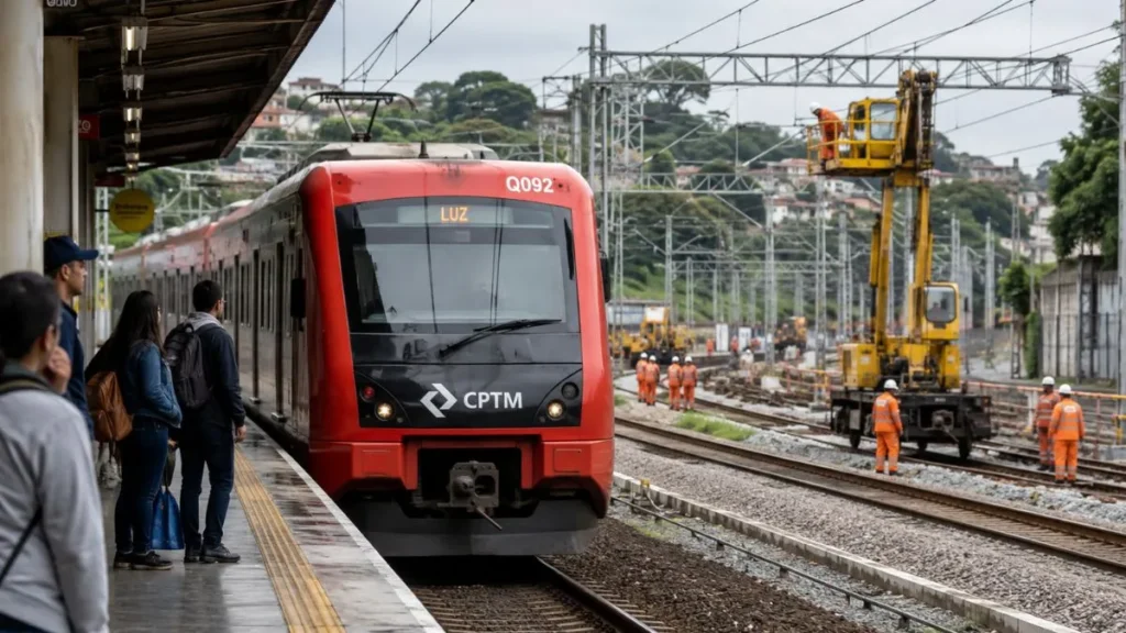 Linha 7-Rubi Muda Operação Neste Domingo (23) E Viagem Até Jundiaí Terá Transferência 5 Trem Da Linha 7-Rubi Em Estação Durante Obras De Manutenção Ferroviária, Com Trabalhadores Atuando Na Via E Na Rede Aérea.