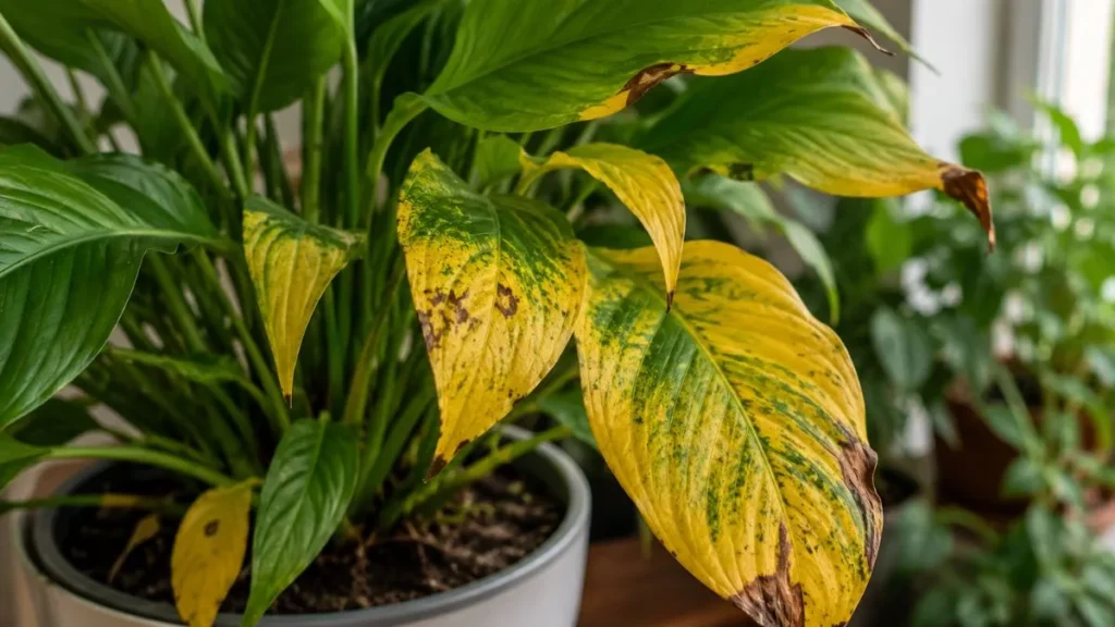 Folhas Das Plantas Estão Amarelando? Antes De Colocar Adubo, Veja O Que Pode Estar Acontecendo 1 Planta Em Vaso Com Folhas Verdes E Amarelas, Algumas Com Manchas E Pontas Secas.