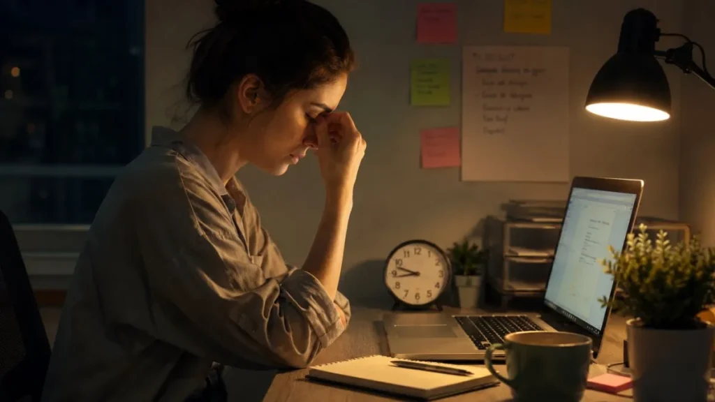 Mulher Diante Do Notebook À Noite Demonstra Cansaço Após O Trabalho, Com Anotações E Tarefas Ao Redor Da Mesa.