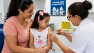 Criança Recebe Vacina Acompanhada Por Responsável Durante Campanha De Multivacinação