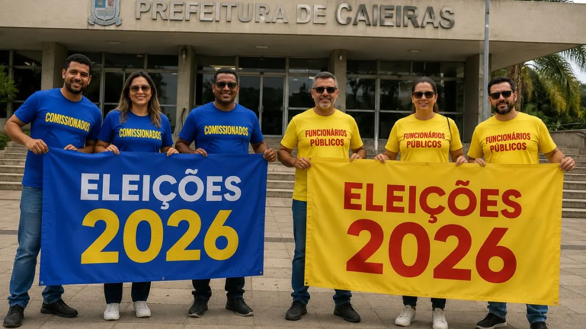 Seis pessoas posam em frente ao prédio da Prefeitura de Caieiras segurando duas bandeiras com a inscrição “Eleições 2026”; três usam camisetas azuis com a palavra “Comissionados” em amarelo e três usam camisetas amarelas com a inscrição “Funcionários Públicos” em vermelho.