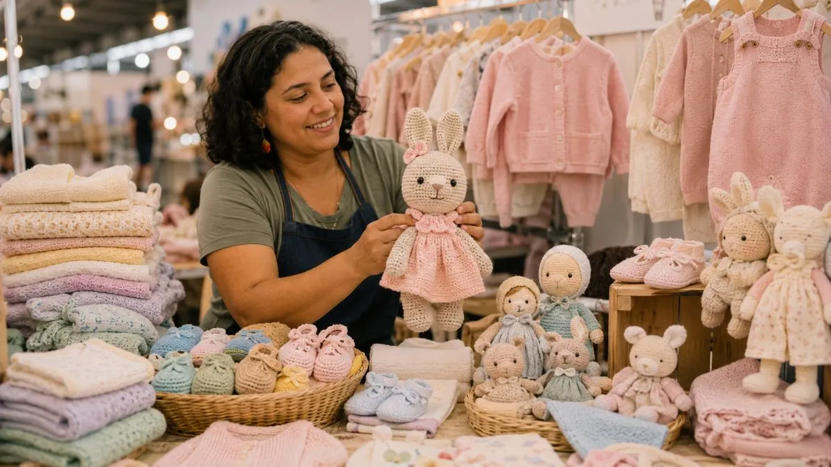 Artesã apresenta coelho de tecido entre produtos infantis feitos à mão.