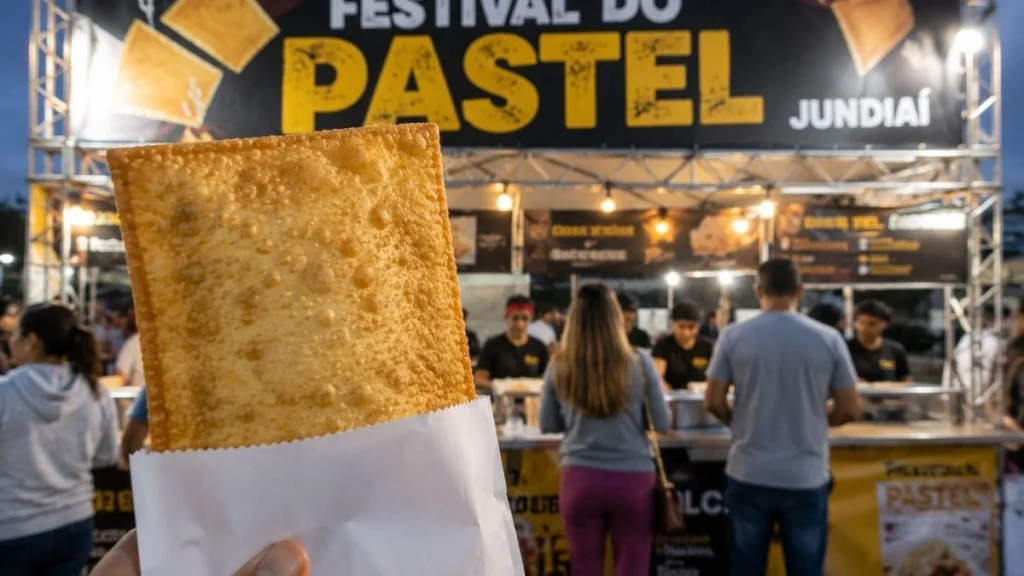 Primeiro Festival Do Pastel Leva Gastronomia E Música À Praça Da Matriz Em Jundiaí 4 Pastel Frito É Segurado Em Primeiro Plano Diante De Barraca Movimentada Em Festival Gastronômico Em Jundiaí.