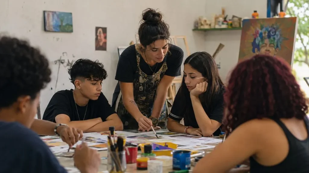 Conecta Jovem Seleciona Curadores E Oficineiros Em Jundiaí Até 14 De Agosto 1 Jovem Oficineiro Orienta Adolescentes Durante Atividade Artística E Cultural.
