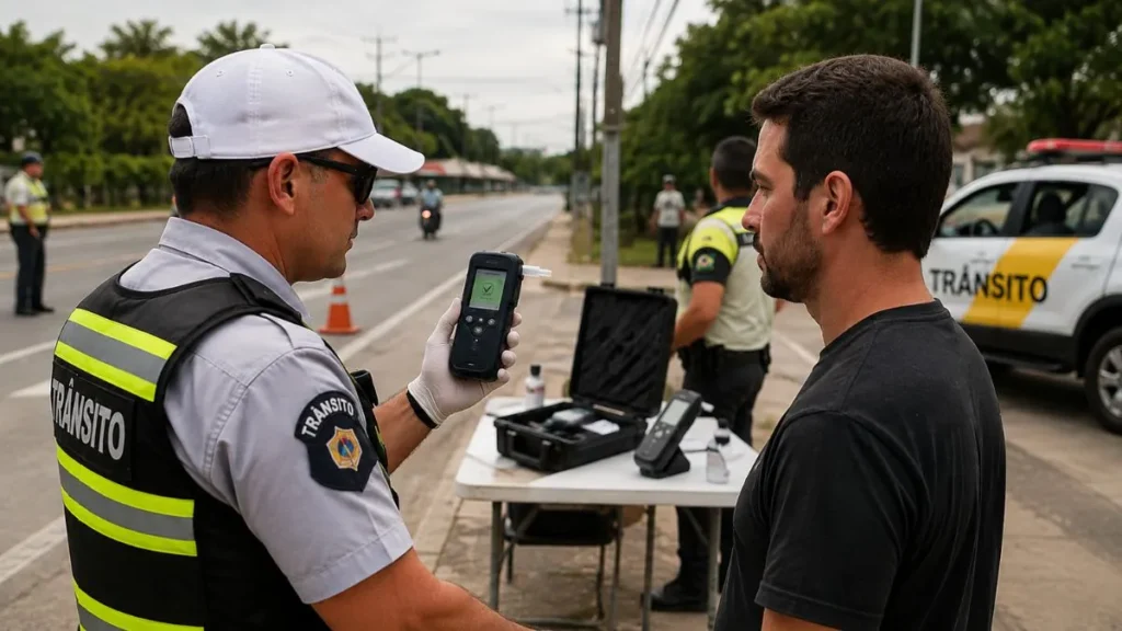 Nova Lei Seca Já Está Valendo: Bafômetro Muda, Teste De Drogas Entra Na Fiscalização E Reteste Ganha Regra 1 Agente De Trânsito Utiliza Equipamento Portátil Durante Fiscalização De Motorista Em Blitz.