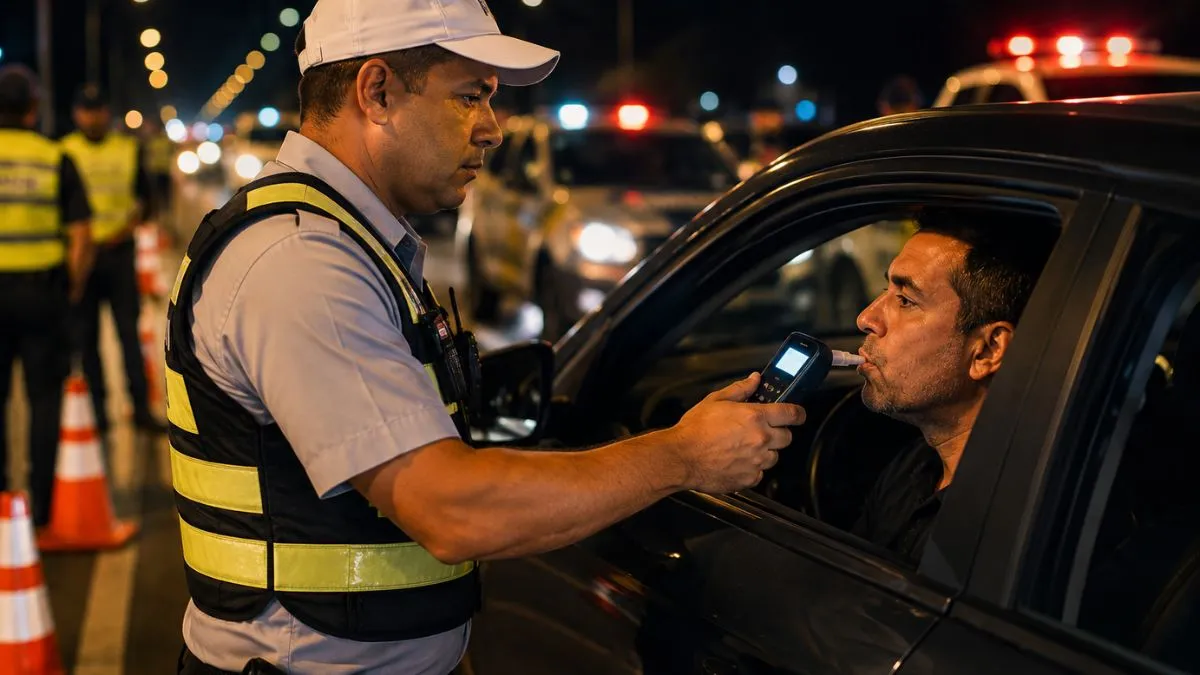 Motorista realiza teste do bafômetro durante operação de fiscalização da Lei Seca.