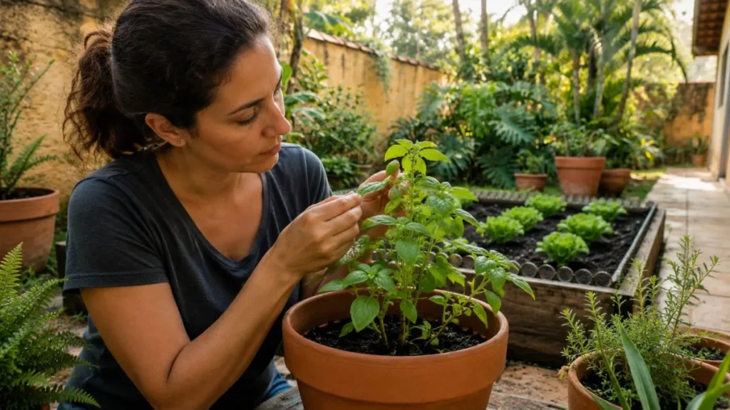 Como Cuidar Melhor Das Plantas: Aprenda A Entender Os Sinais Antes De Agir 2 Mulher Observa Cuidadosamente As Folhas De Uma Planta Em Vaso Em Um Jardim Doméstico Com Horta E Outras Plantas Ao Fundo.