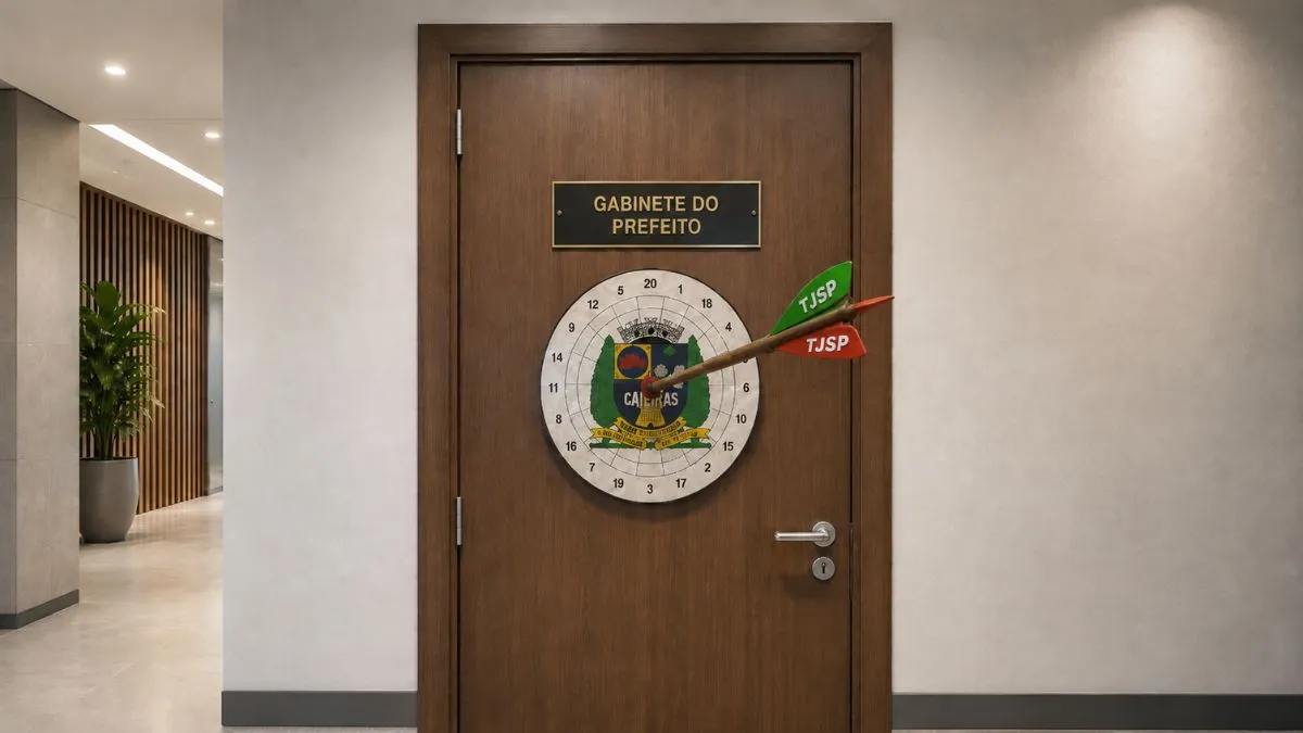 Porta moderna identificada como “Gabinete do Prefeito”, com alvo sobre o brasão de Caieiras atingido no centro por uma flecha com penas marcadas “TJSP”.