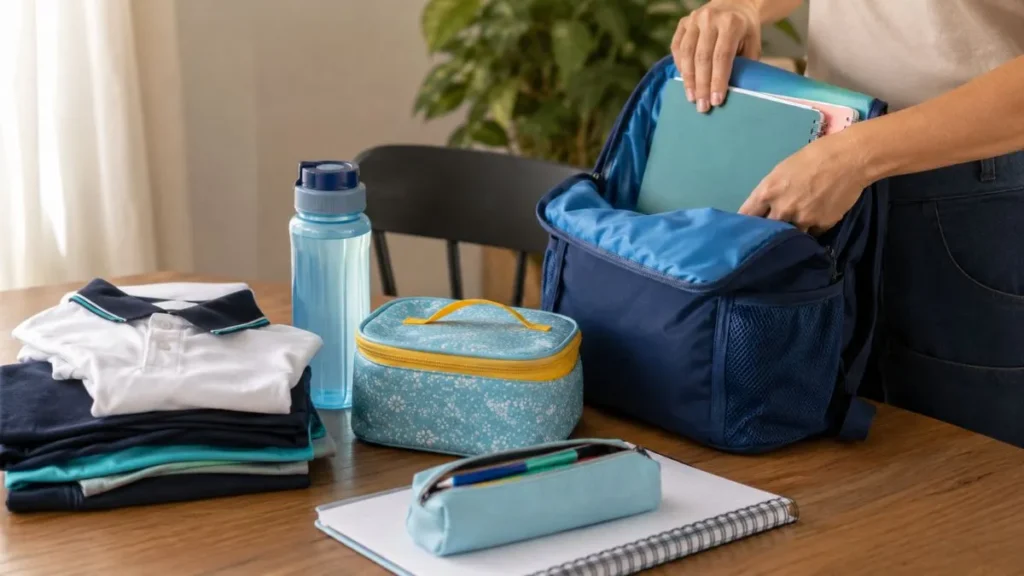 Volta Às Aulas Muda A Rotina Das Famílias E Exige Atenção Nos Primeiros Dias 1 Mochila, Uniforme, Lancheira, Caderno E Garrafa De Água Organizados Para A Volta Às Aulas.
