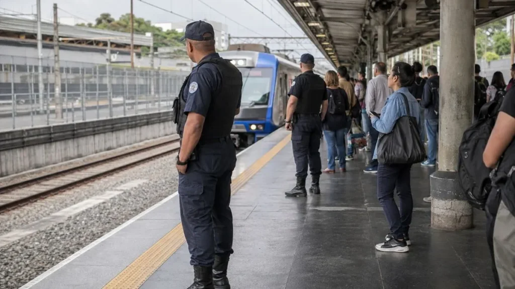 Homem É Preso Após Tentar Empurrar Segurança Para Os Trilhos Na Estação Jundiaí 3 Agentes De Segurança Acompanham A Movimentação De Passageiros Enquanto Trem Se Aproxima De Plataforma Ferroviária.