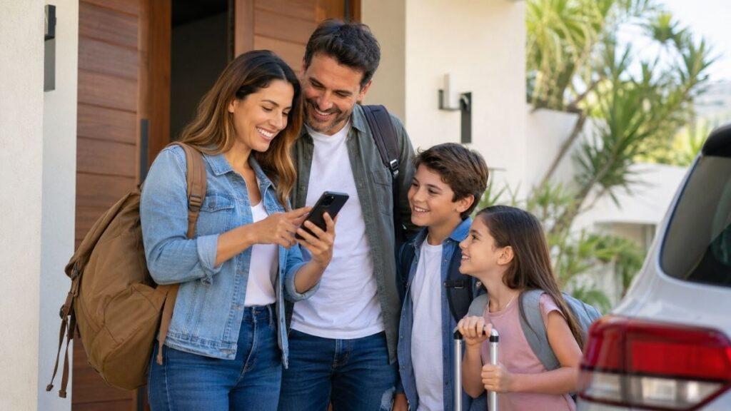 Família Sai De Casa Com Roupas Casuais De Passeio E Consulta O Celular Para Escolher Uma Programação De Lazer Para O Fim De Semana.