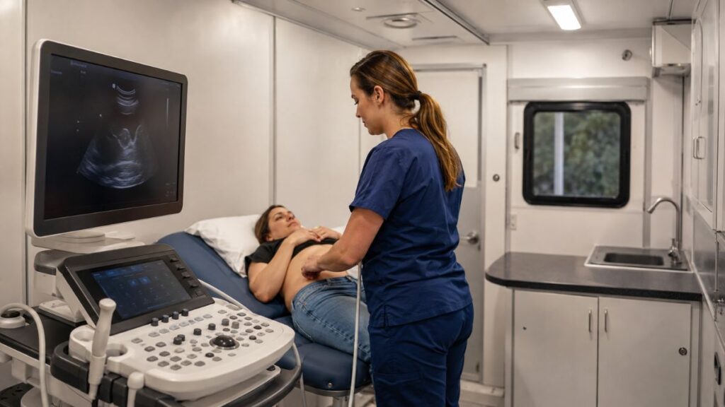 Jundiaí Recebe Carreta Com Até 2.688 Exames Gratuitos Para Pacientes De Sete Cidades 1 Profissional De Saúde Realiza Exame De Ultrassonografia Em Paciente Dentro De Unidade Móvel.