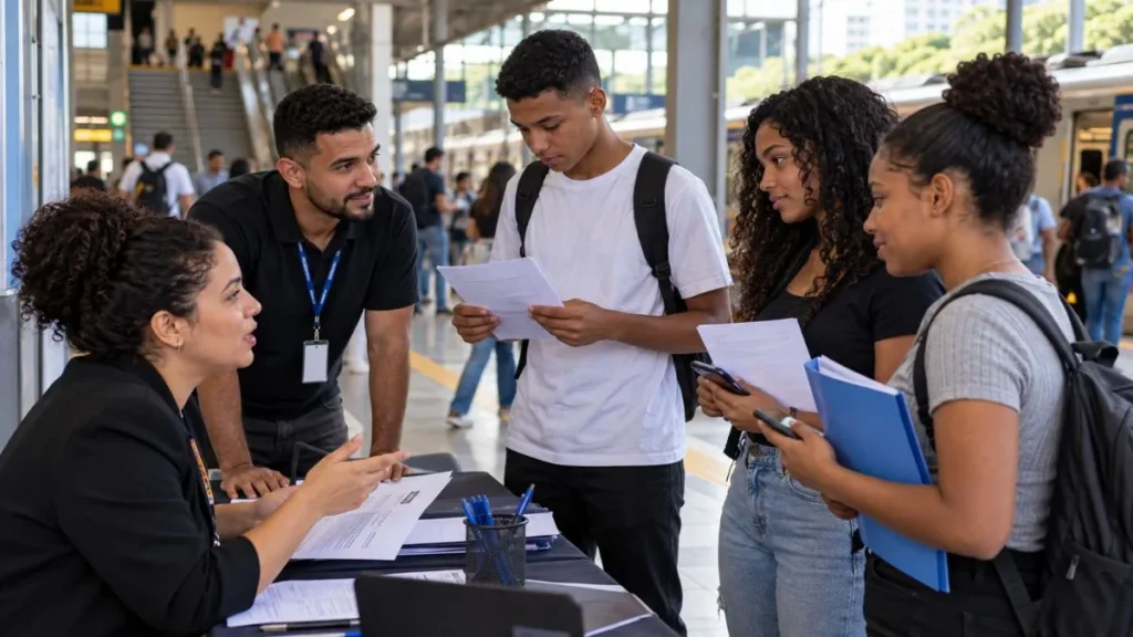 Jovens recebem orientação profissional em ação realizada dentro de estação ferroviária