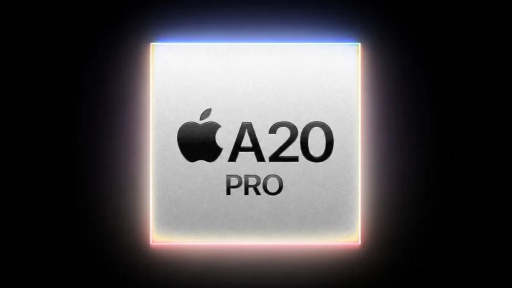 iPhone 18 Pro muda por dentro para evitar queda de desempenho com o calor 1 Chip A20 Pro em destaque sobre fundo preto, usado no iPhone 18 Pro para processamento, gráficos e recursos de inteligência artificial.