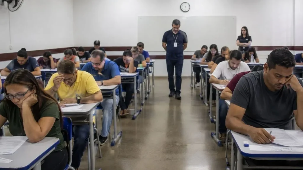 Candidatos Fazem Prova Em Sala De Concurso Enquanto Fiscais Acompanham A Aplicação Do Exame