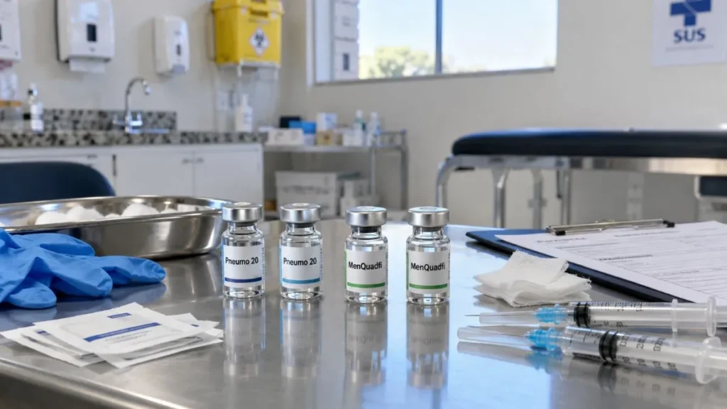 Frascos das vacinas Pneumo 20 e MenQuadfi aparecem sobre mesa de vacinação ao lado de luvas, seringas e materiais de atendimento.