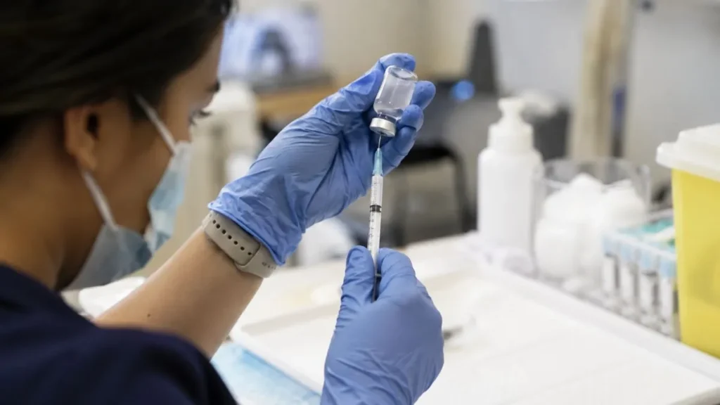 Pneumo 20 e MenQuadfi protegem contra doenças graves, mas não são iguais; veja o que muda entre elas 1 Profissional de saúde com luvas prepara dose de vacina ao retirar o líquido de um frasco com seringa em sala de atendimento