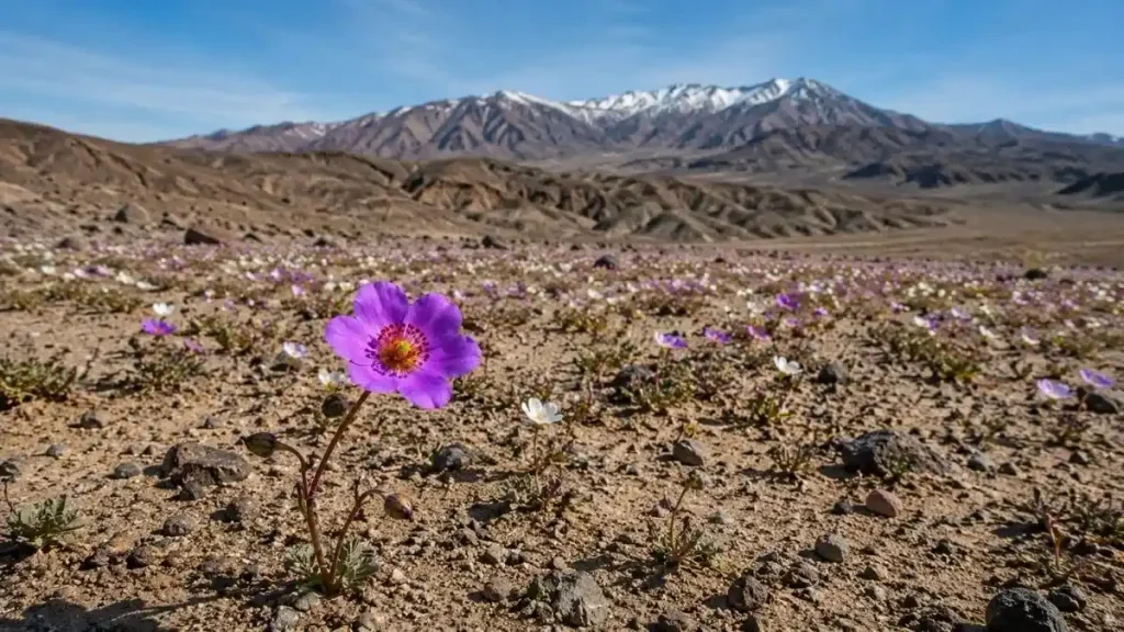Neve Cobriu Um Dos Lugares Mais Secos Da Terra; Agora Flores Começam A Surgir No Atacama 2 Após As Tempestades De Agosto, Flores Começam A Aparecer Em Áreas Do Atacama Enquanto Picos Ao Fundo Ainda Preservam Sinais Da Neve Recente
