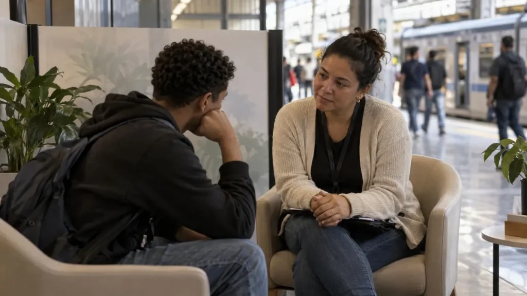 Passageiros circulam por estação da Linha 7-Rubi durante ação gratuita de acolhimento e saúde mental.