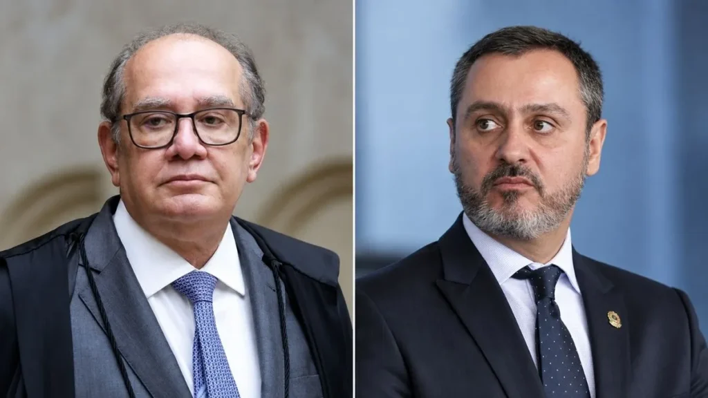 Gilmar Mendes E Andrei Rodrigues Em Montagem Lado A Lado Sobre Julgamento No Stf Que Analisa O Afastamento Do Diretor-Geral Da Polícia Federal.
